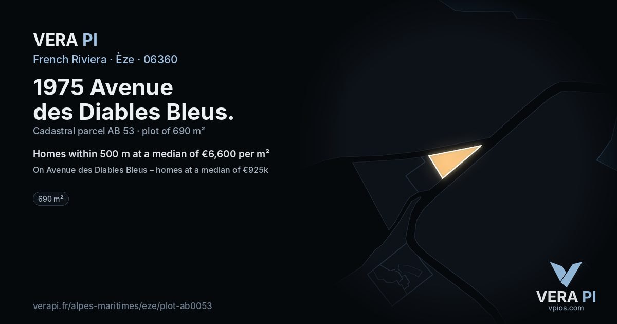 1975 Avenue des Diables Bleus, Èze at night – the plot lit, the parcels around coloured by the prices near them