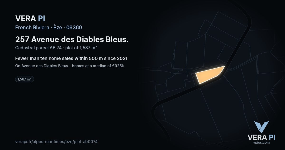 257 Avenue des Diables Bleus, Èze at night – the plot lit, the parcels around coloured by the prices near them