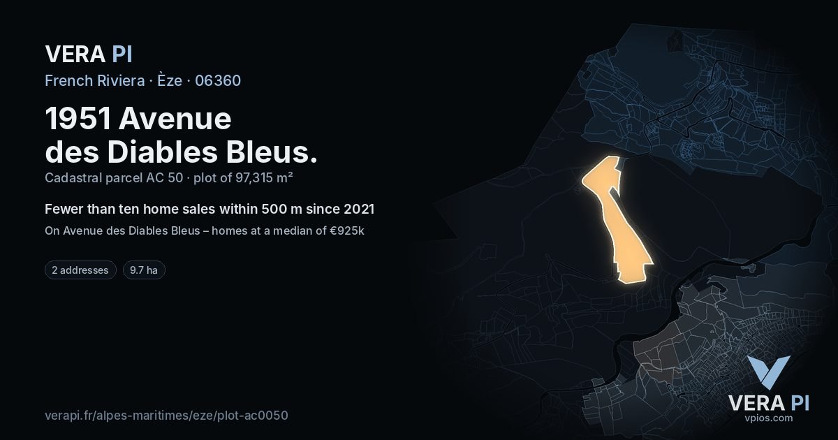 1951 Avenue des Diables Bleus, Èze at night – the plot lit, the parcels around coloured by the prices near them