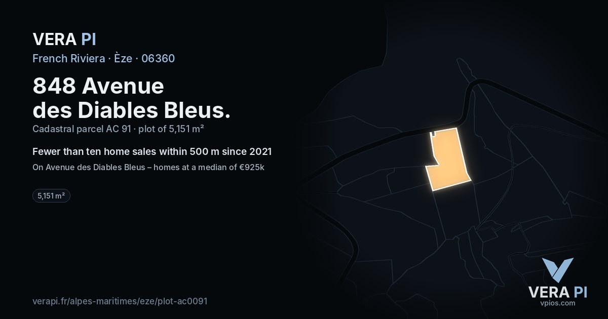 848 Avenue des Diables Bleus, Èze at night – the plot lit, the parcels around coloured by the prices near them