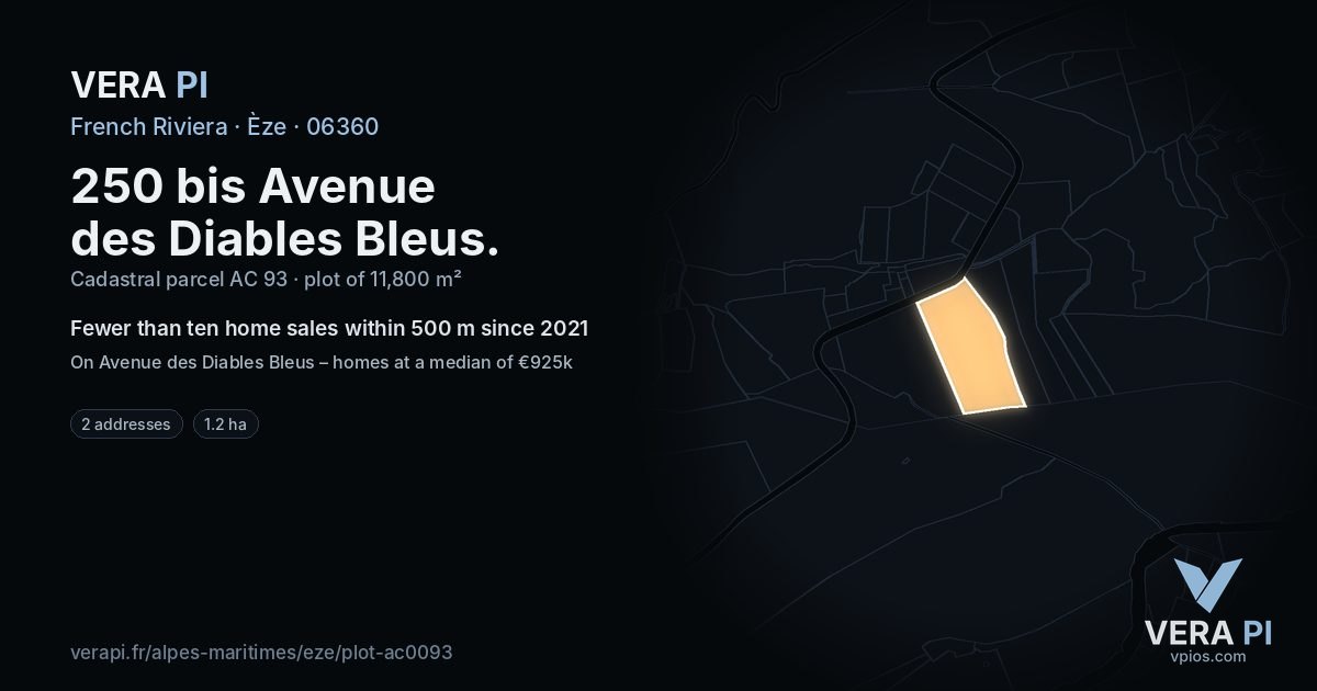 250 bis Avenue des Diables Bleus, Èze at night – the plot lit, the parcels around coloured by the prices near them