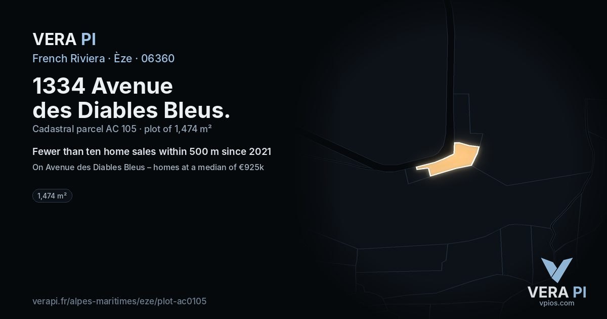 1334 Avenue des Diables Bleus, Èze at night – the plot lit, the parcels around coloured by the prices near them