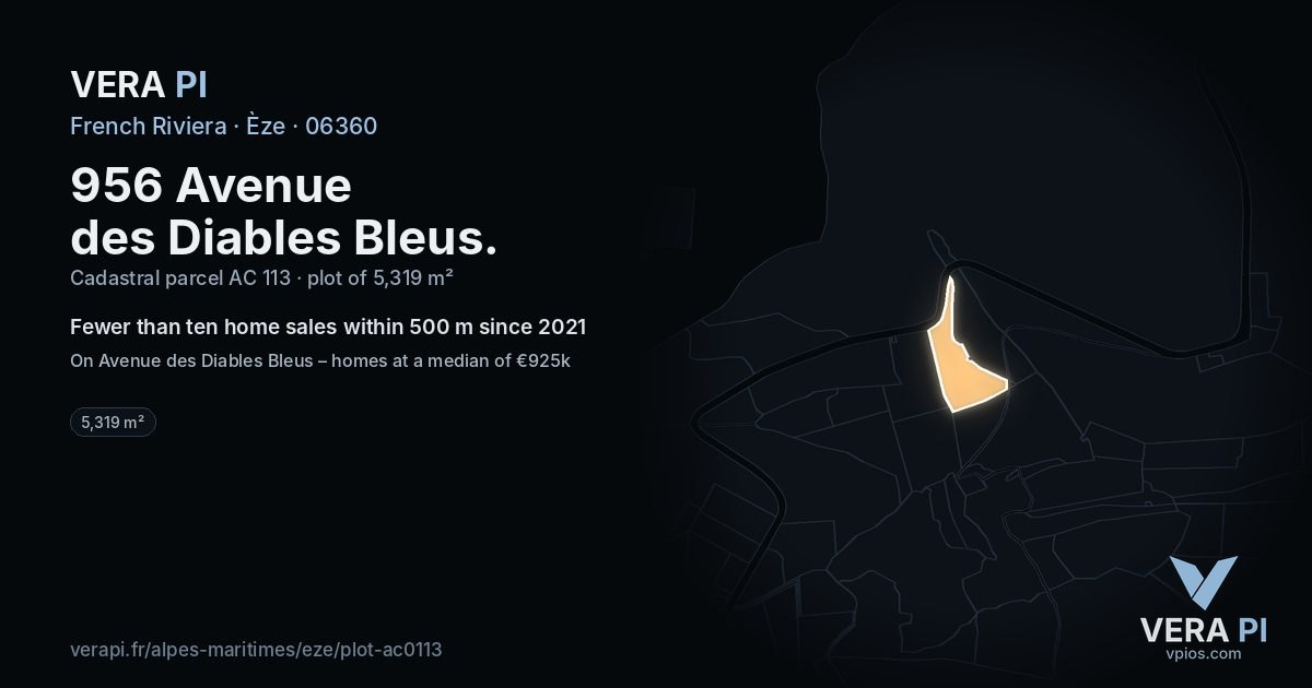 956 Avenue des Diables Bleus, Èze at night – the plot lit, the parcels around coloured by the prices near them