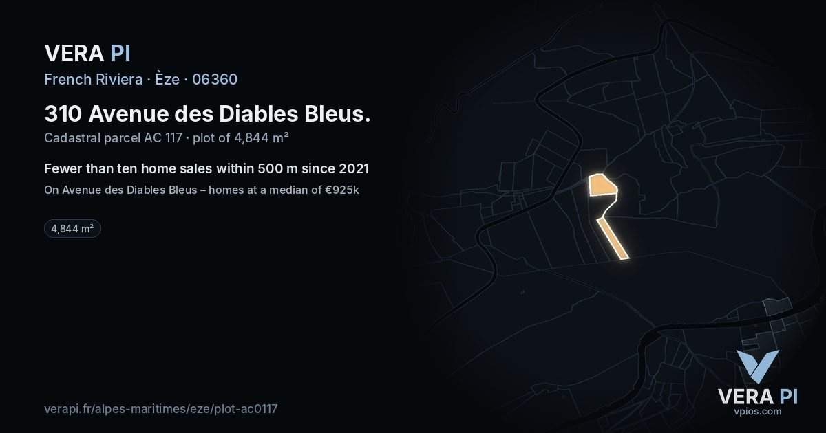 310 Avenue des Diables Bleus, Èze at night – the plot lit, the parcels around coloured by the prices near them