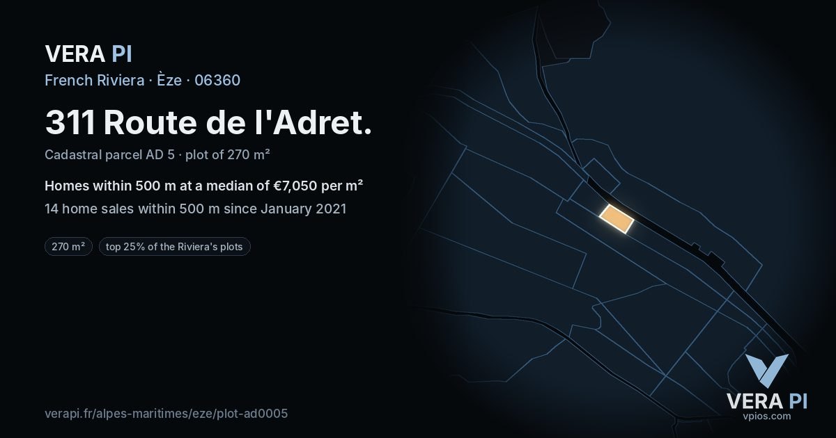 311 Route de l'Adret, Èze at night – the plot lit, the parcels around coloured by the prices near them
