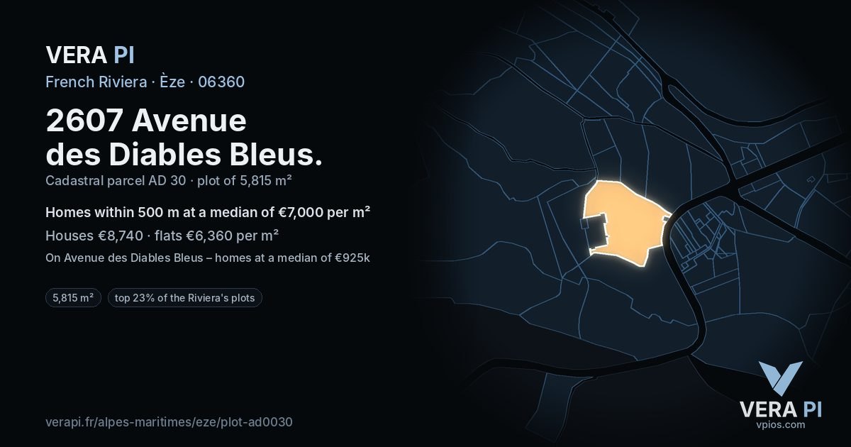 2607 Avenue des Diables Bleus, Èze at night – the plot lit, the parcels around coloured by the prices near them