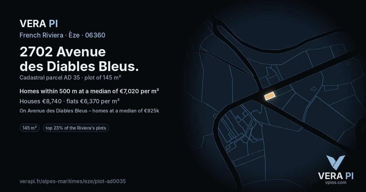 2702 Avenue des Diables Bleus, Èze at night – the plot lit, the parcels around coloured by the prices near them