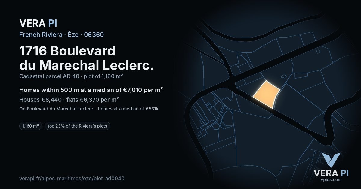 1716 Boulevard du Marechal Leclerc, Èze at night – the plot lit, the parcels around coloured by the prices near them