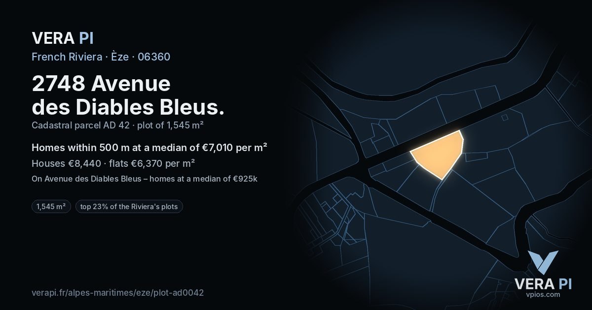 2748 Avenue des Diables Bleus, Èze at night – the plot lit, the parcels around coloured by the prices near them