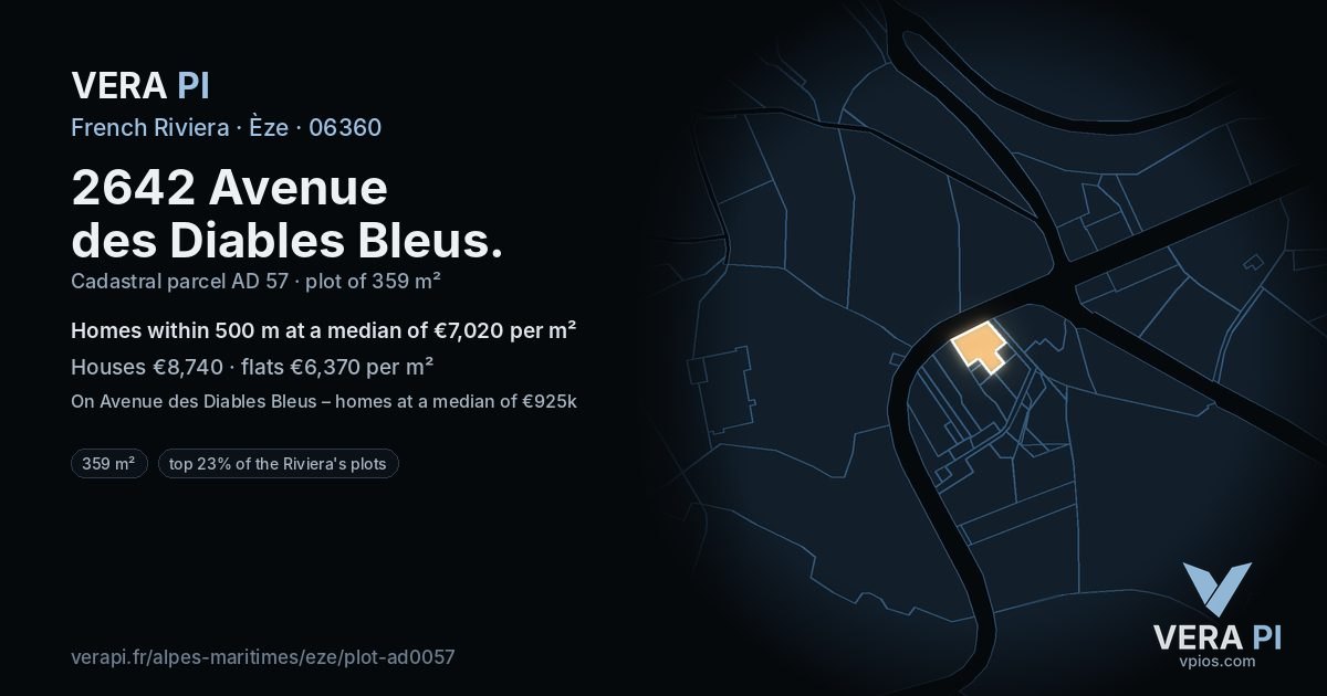 2642 Avenue des Diables Bleus, Èze at night – the plot lit, the parcels around coloured by the prices near them