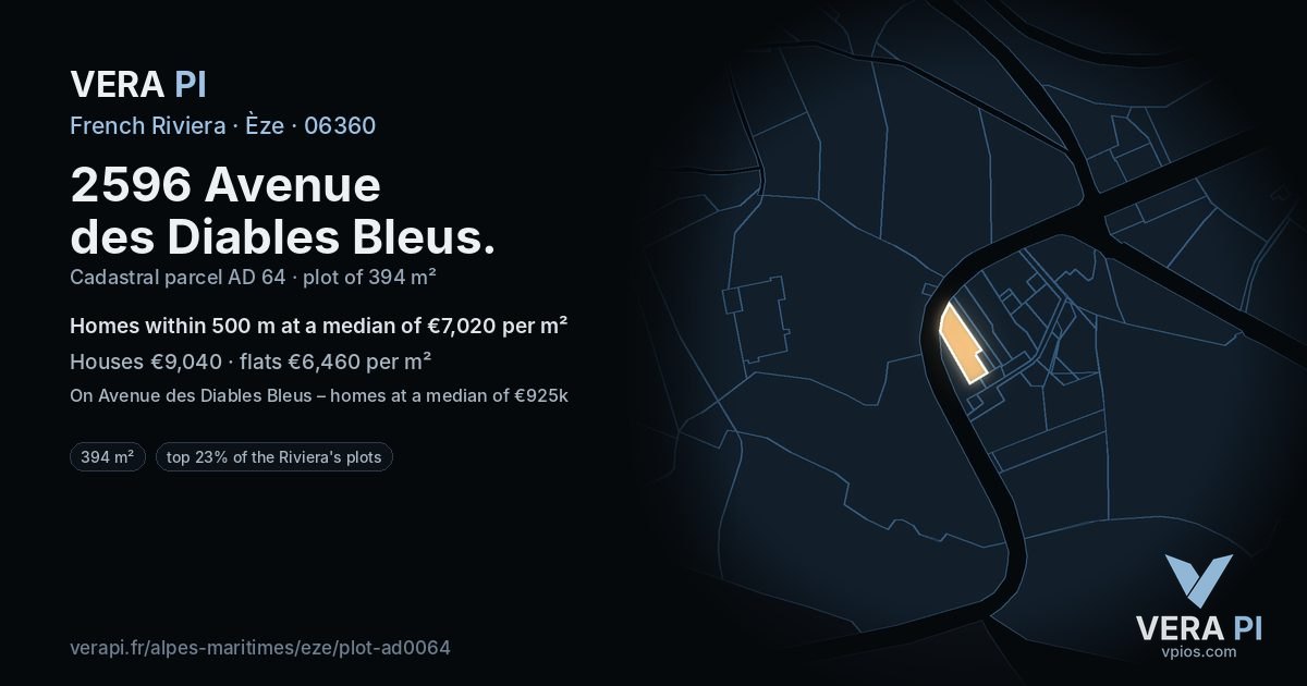 2596 Avenue des Diables Bleus, Èze at night – the plot lit, the parcels around coloured by the prices near them