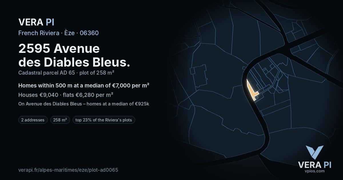 2595 Avenue des Diables Bleus, Èze at night – the plot lit, the parcels around coloured by the prices near them