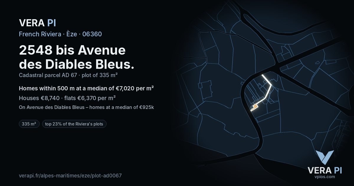 2548 bis Avenue des Diables Bleus, Èze at night – the plot lit, the parcels around coloured by the prices near them