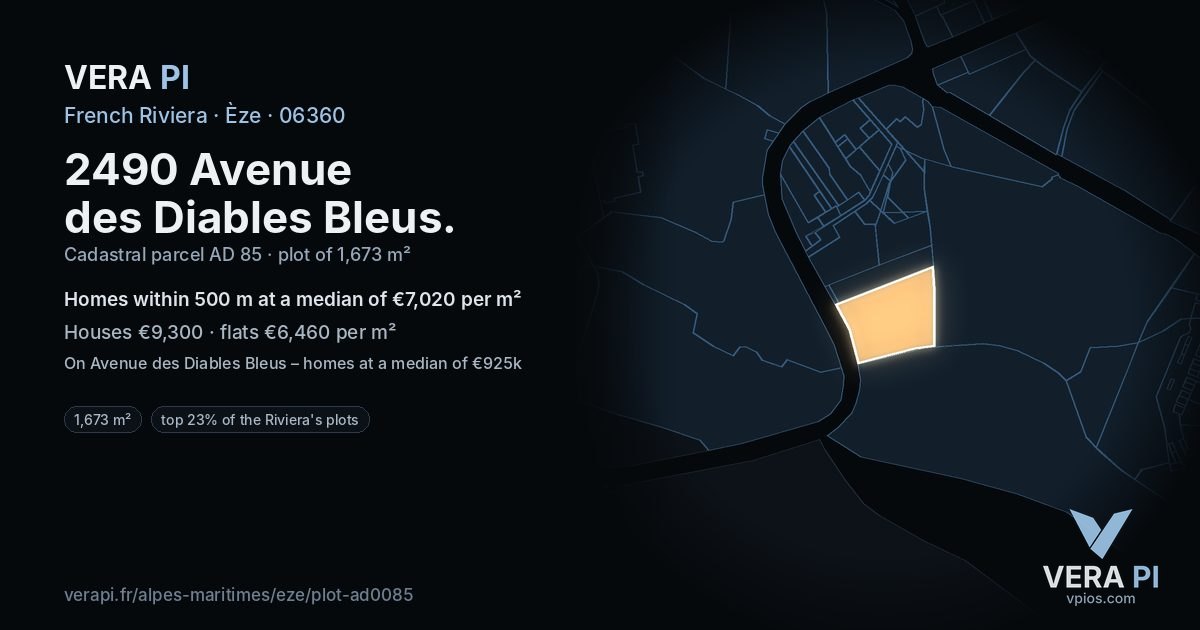 2490 Avenue des Diables Bleus, Èze at night – the plot lit, the parcels around coloured by the prices near them