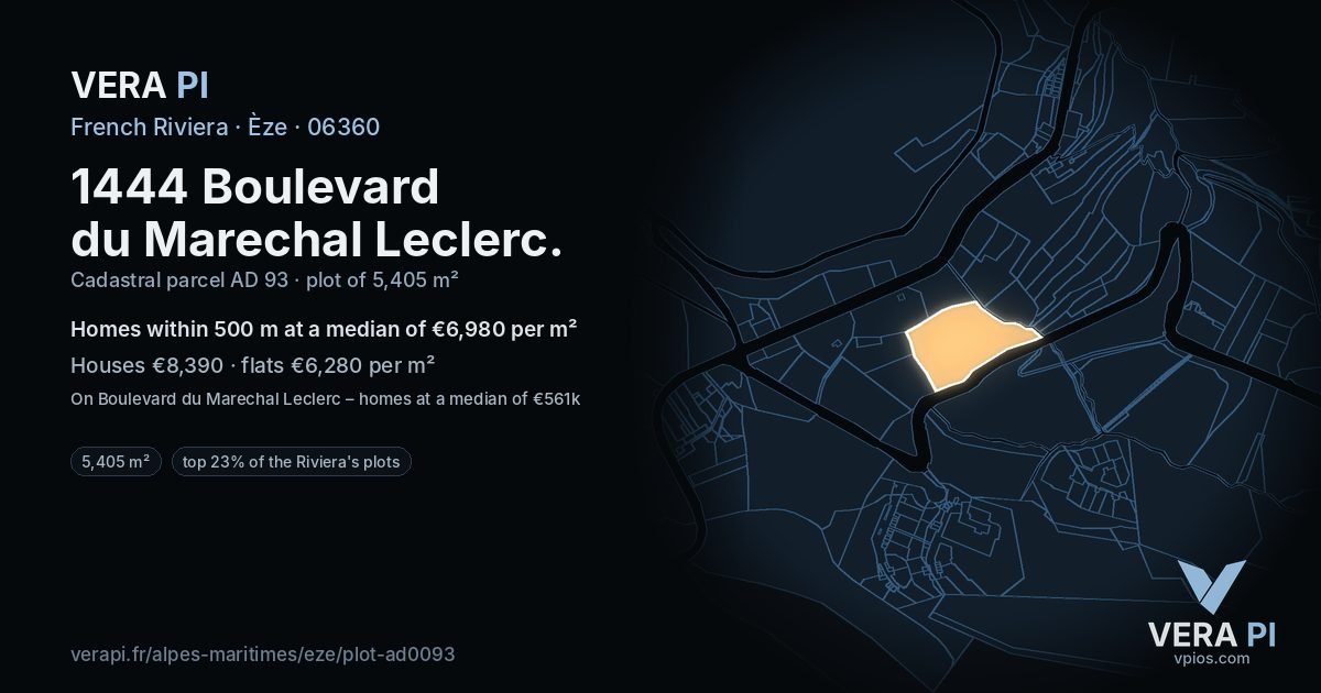 1444 Boulevard du Marechal Leclerc, Èze at night – the plot lit, the parcels around coloured by the prices near them