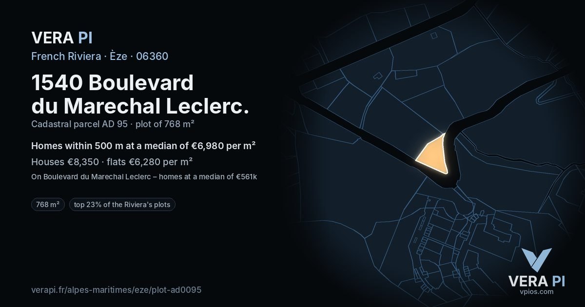 1540 Boulevard du Marechal Leclerc, Èze at night – the plot lit, the parcels around coloured by the prices near them