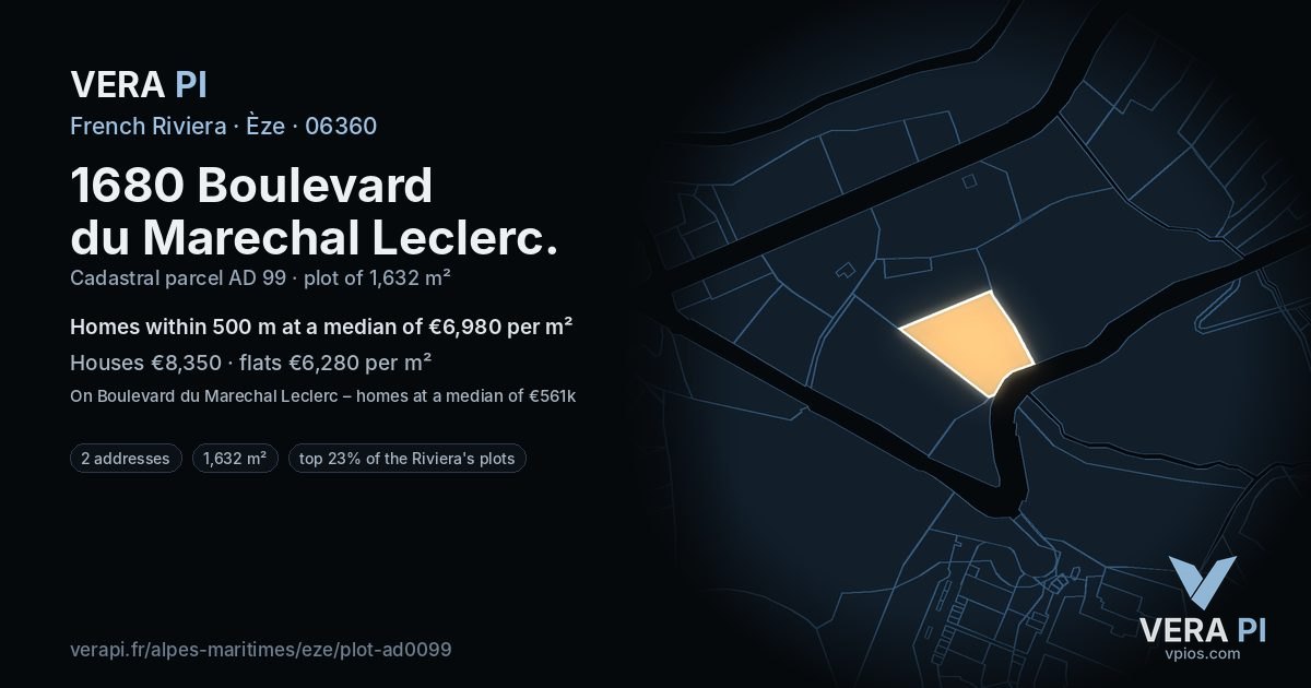1680 Boulevard du Marechal Leclerc, Èze at night – the plot lit, the parcels around coloured by the prices near them