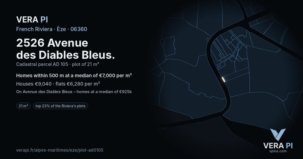 2526 Avenue des Diables Bleus, Èze at night – the plot lit, the parcels around coloured by the prices near them