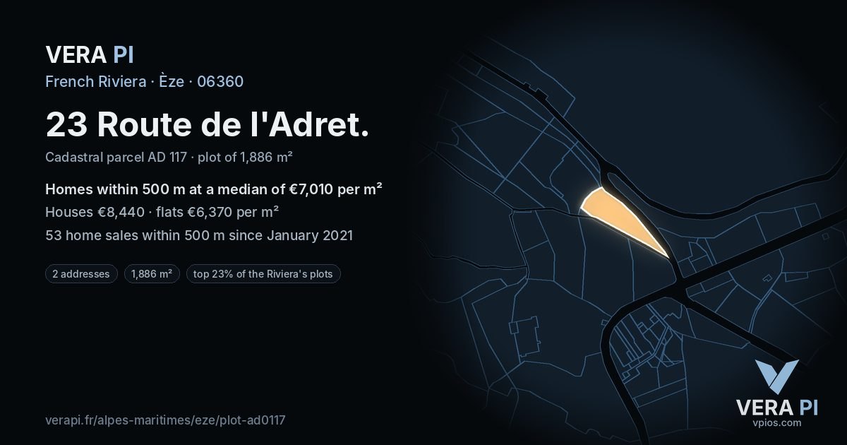 23 Route de l'Adret, Èze at night – the plot lit, the parcels around coloured by the prices near them