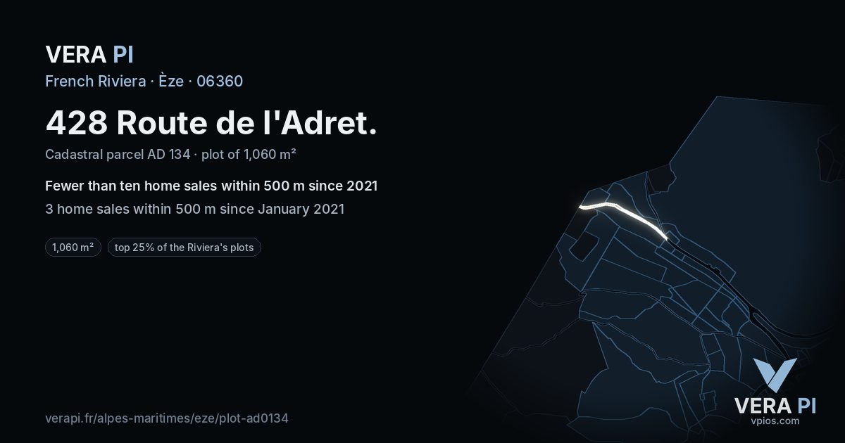 428 Route de l'Adret, Èze at night – the plot lit, the parcels around coloured by the prices near them