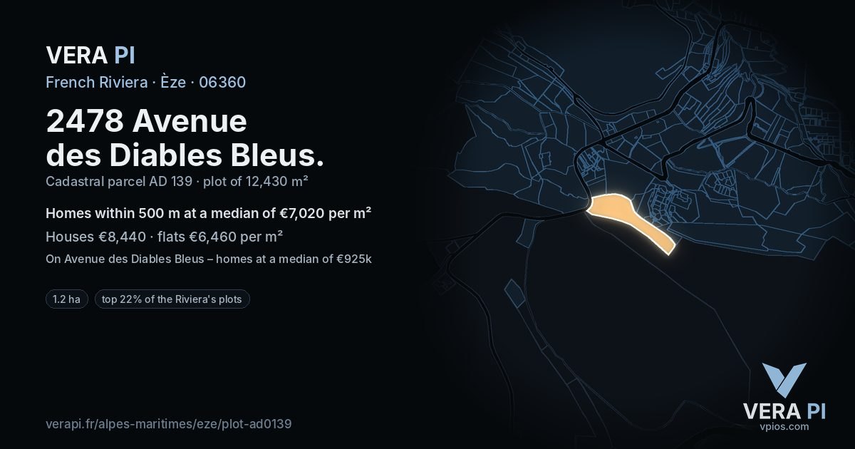 2478 Avenue des Diables Bleus, Èze at night – the plot lit, the parcels around coloured by the prices near them