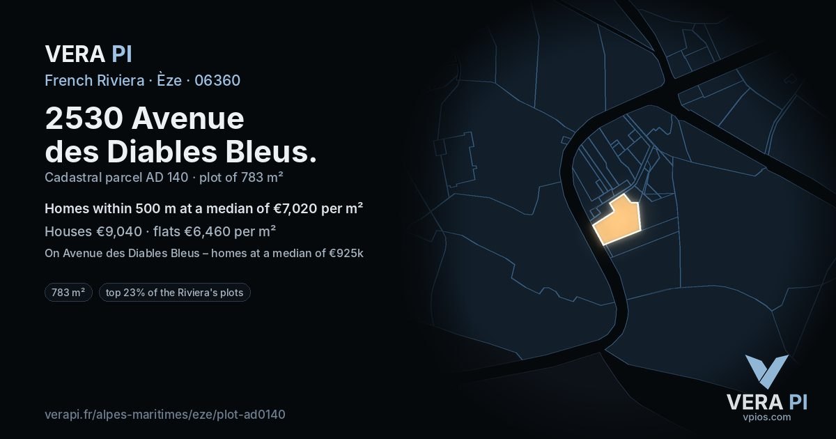 2530 Avenue des Diables Bleus, Èze at night – the plot lit, the parcels around coloured by the prices near them