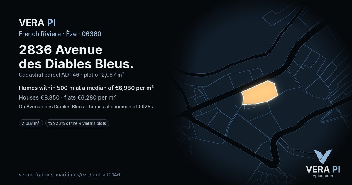 2836 Avenue des Diables Bleus, Èze at night – the plot lit, the parcels around coloured by the prices near them