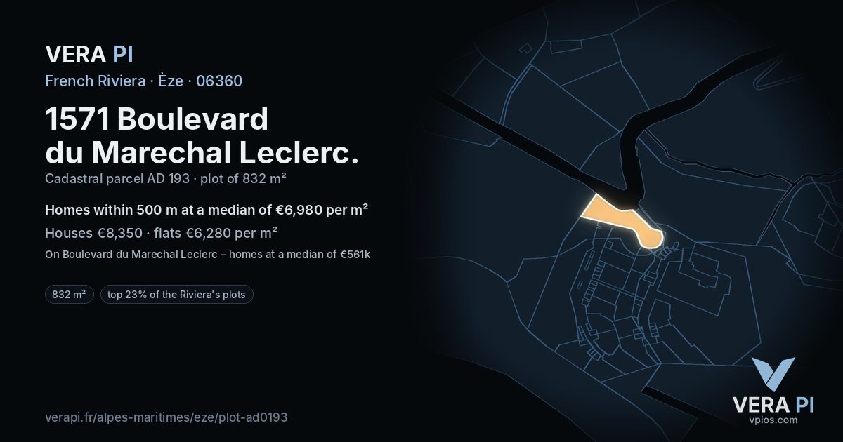 1571 Boulevard du Marechal Leclerc, Èze at night – the plot lit, the parcels around coloured by the prices near them