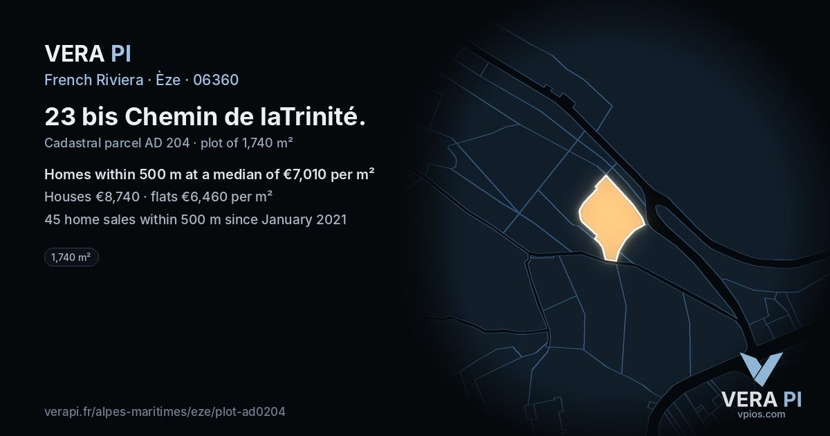 23 bis Chemin de laTrinité, Èze at night – the plot lit, the parcels around coloured by the prices near them