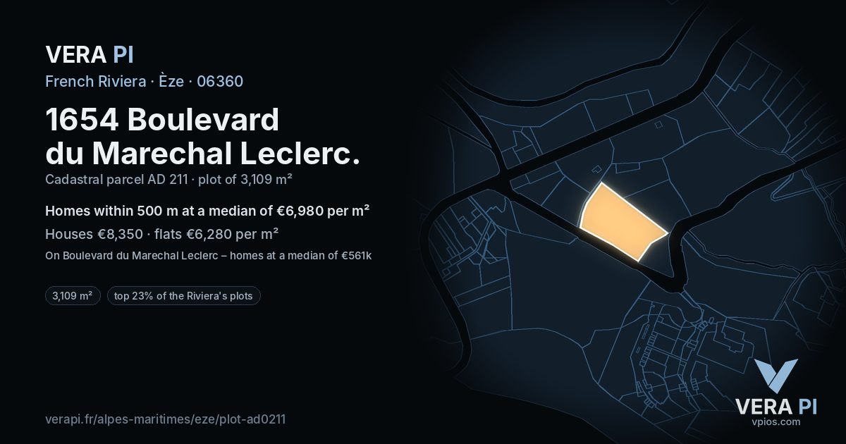 1654 Boulevard du Marechal Leclerc, Èze at night – the plot lit, the parcels around coloured by the prices near them