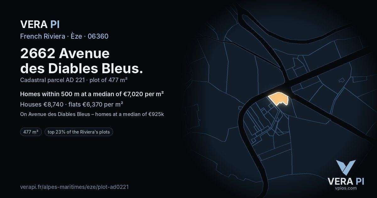 2662 Avenue des Diables Bleus, Èze at night – the plot lit, the parcels around coloured by the prices near them