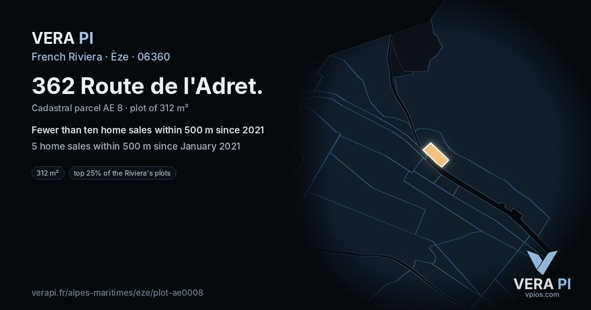 362 Route de l'Adret, Èze at night – the plot lit, the parcels around coloured by the prices near them