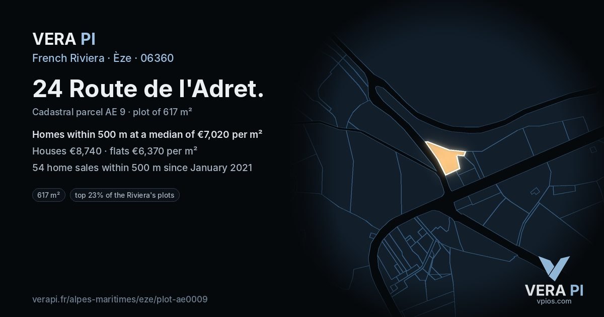 24 Route de l'Adret, Èze at night – the plot lit, the parcels around coloured by the prices near them