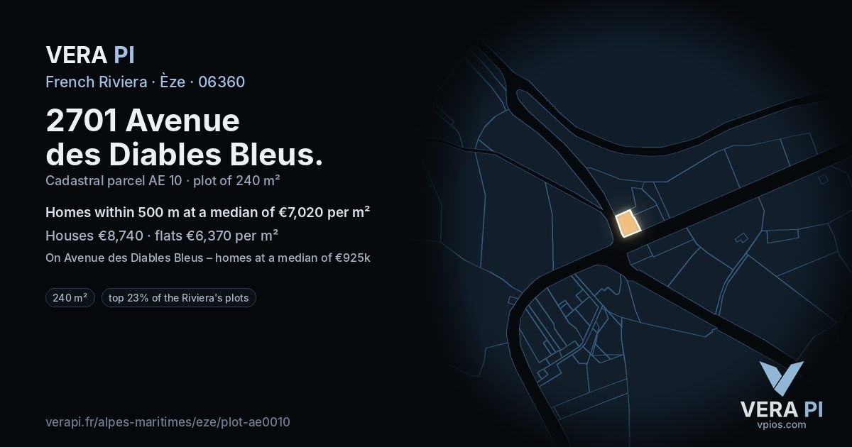 2701 Avenue des Diables Bleus, Èze at night – the plot lit, the parcels around coloured by the prices near them