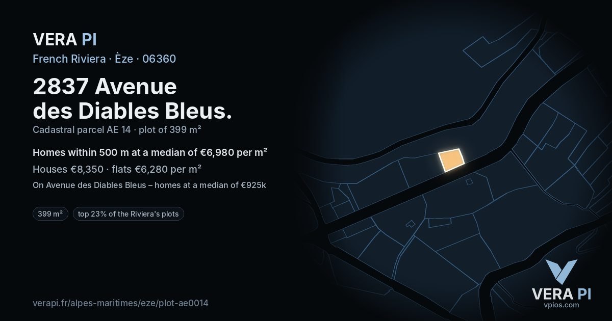 2837 Avenue des Diables Bleus, Èze at night – the plot lit, the parcels around coloured by the prices near them