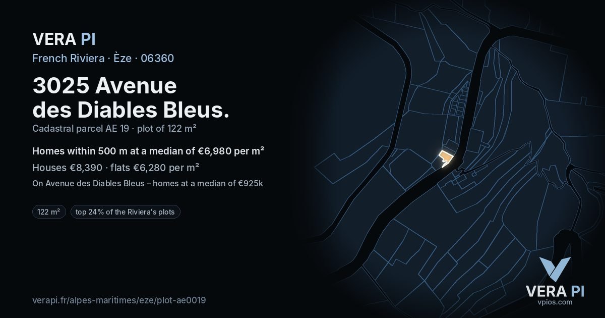 3025 Avenue des Diables Bleus, Èze at night – the plot lit, the parcels around coloured by the prices near them