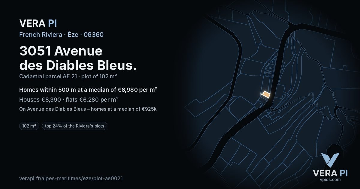3051 Avenue des Diables Bleus, Èze at night – the plot lit, the parcels around coloured by the prices near them