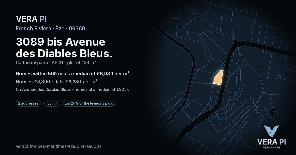 3089 bis Avenue des Diables Bleus, Èze at night – the plot lit, the parcels around coloured by the prices near them