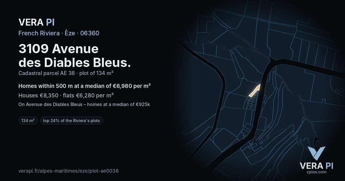3109 Avenue des Diables Bleus, Èze at night – the plot lit, the parcels around coloured by the prices near them