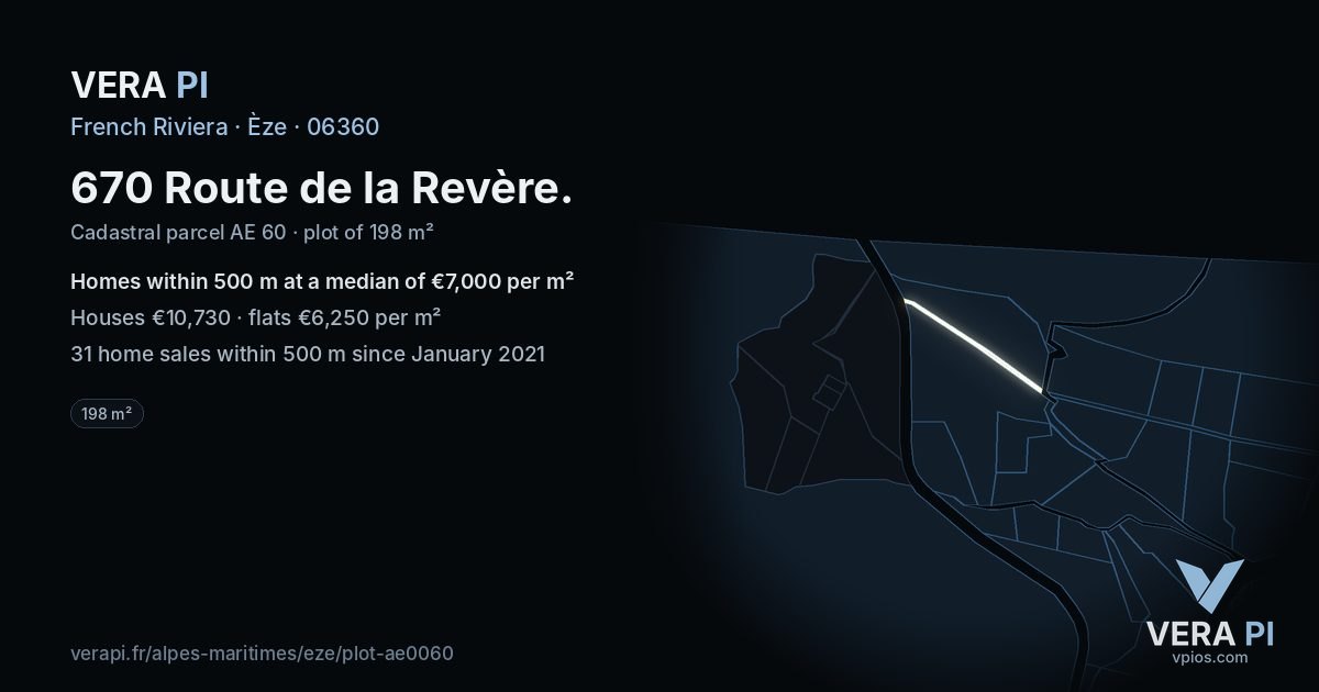 670 Route de la Revère, Èze at night – the plot lit, the parcels around coloured by the prices near them