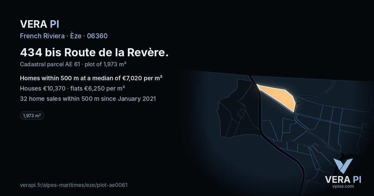 434 bis Route de la Revère, Èze at night – the plot lit, the parcels around coloured by the prices near them