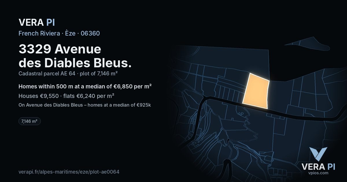 3329 Avenue des Diables Bleus, Èze at night – the plot lit, the parcels around coloured by the prices near them