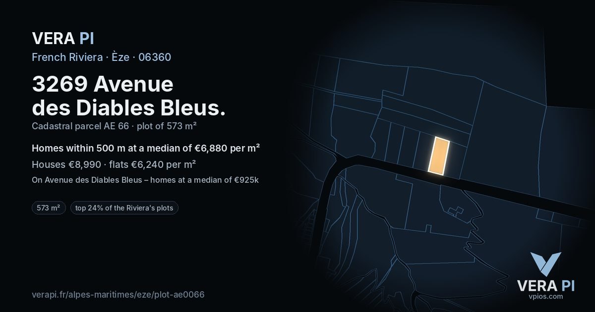 3269 Avenue des Diables Bleus, Èze at night – the plot lit, the parcels around coloured by the prices near them