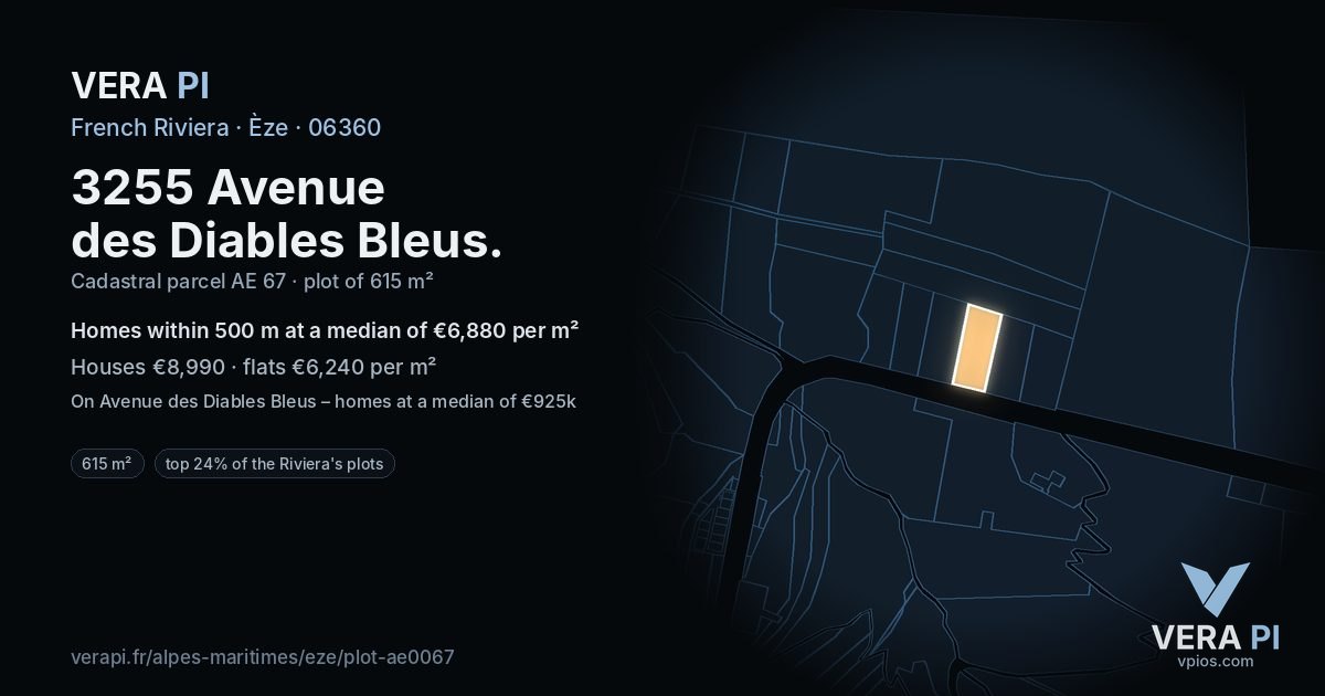 3255 Avenue des Diables Bleus, Èze at night – the plot lit, the parcels around coloured by the prices near them