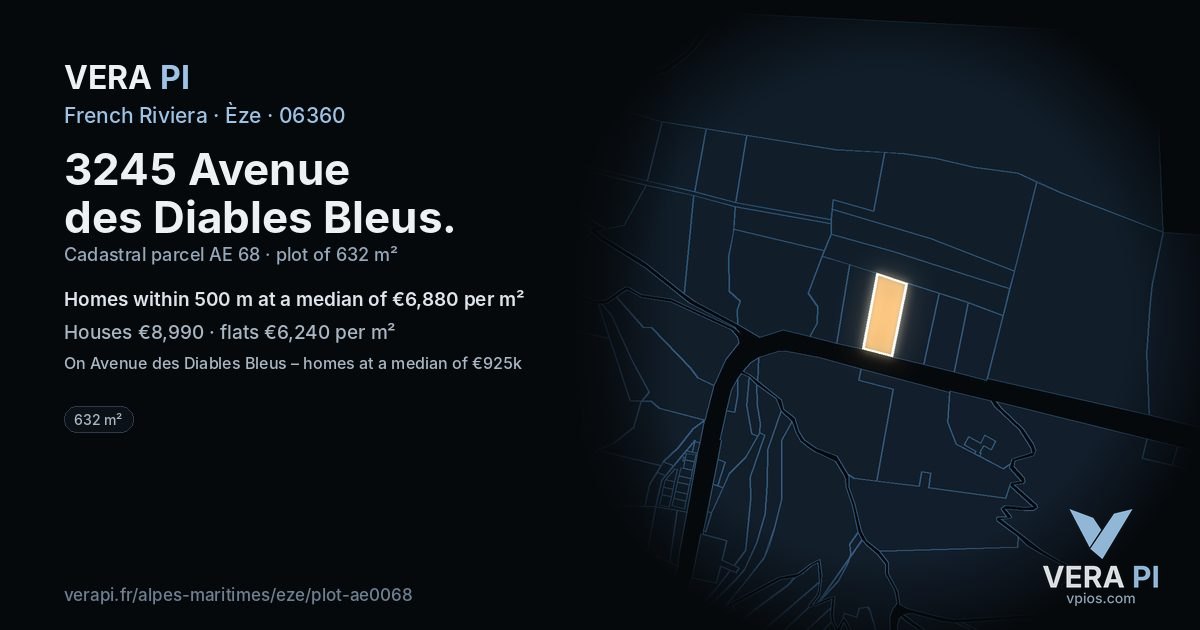 3245 Avenue des Diables Bleus, Èze at night – the plot lit, the parcels around coloured by the prices near them
