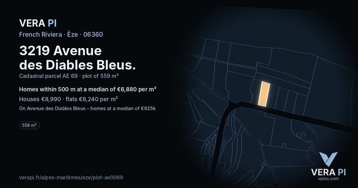 3219 Avenue des Diables Bleus, Èze at night – the plot lit, the parcels around coloured by the prices near them