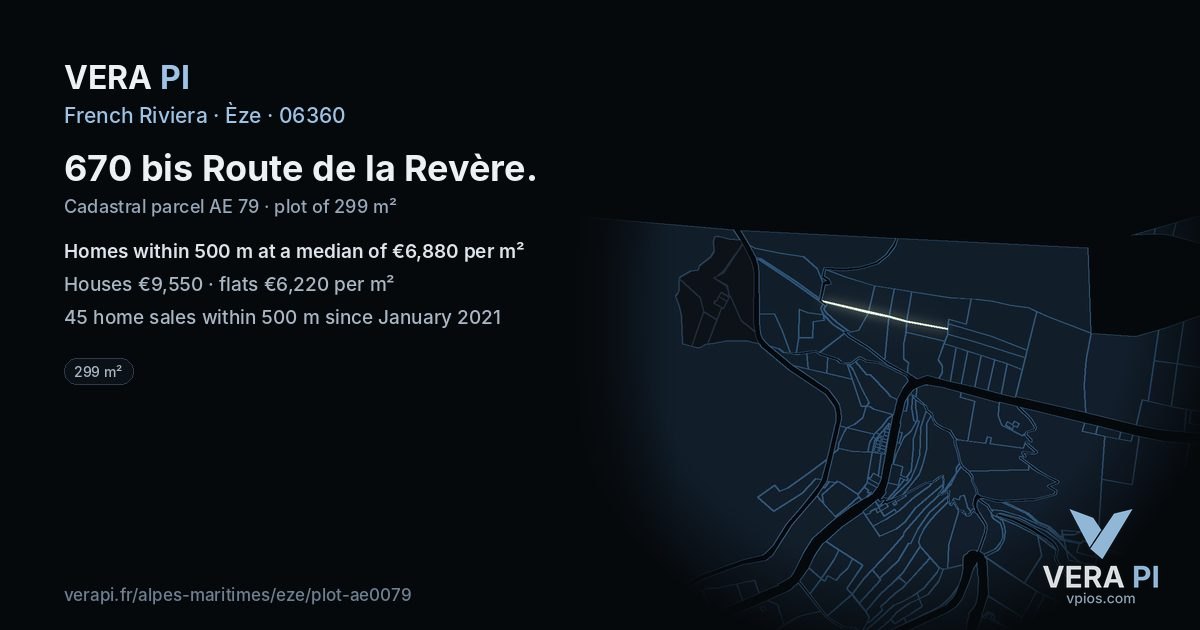 670 bis Route de la Revère, Èze at night – the plot lit, the parcels around coloured by the prices near them