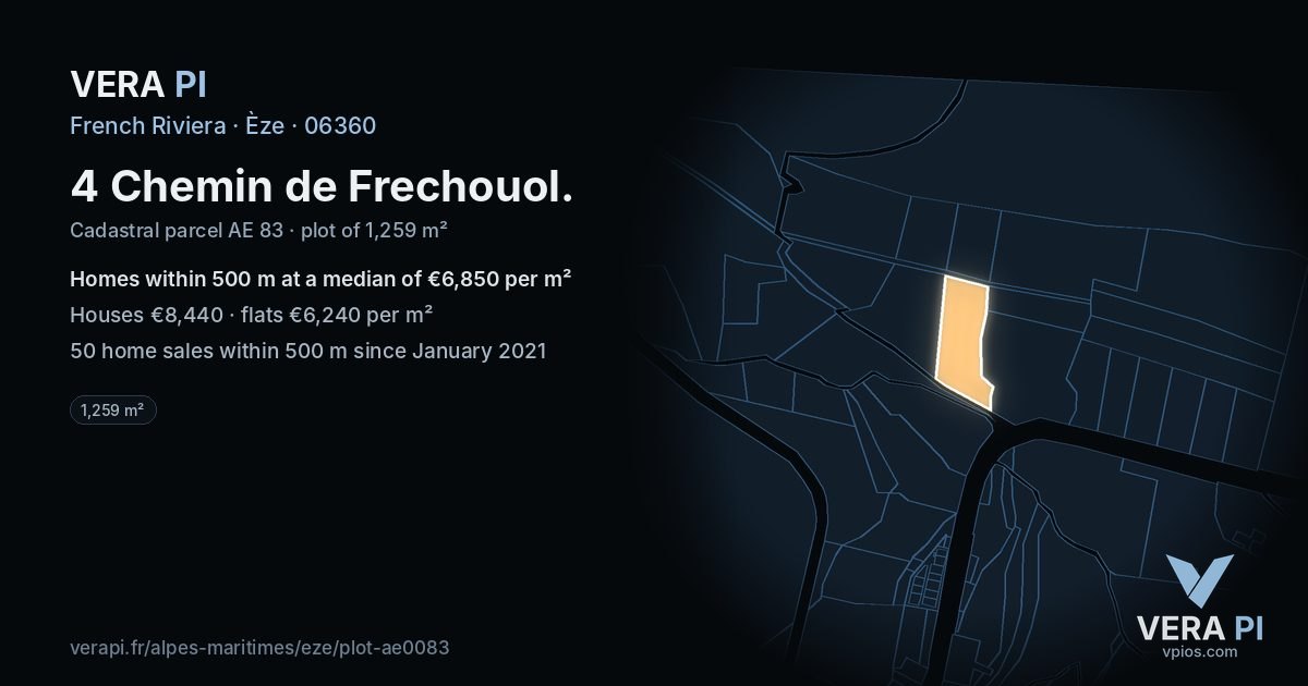 4 Chemin de Frechouol, Èze at night – the plot lit, the parcels around coloured by the prices near them