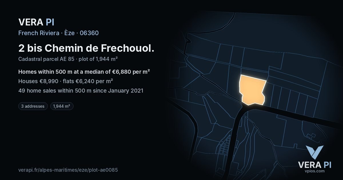 2 bis Chemin de Frechouol, Èze at night – the plot lit, the parcels around coloured by the prices near them