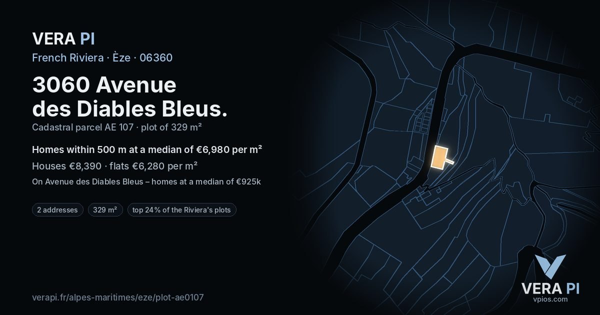 3060 Avenue des Diables Bleus, Èze at night – the plot lit, the parcels around coloured by the prices near them